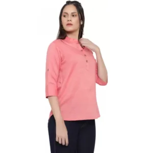 Women's Casual Three Fourth Sleeve Solid Pink Top (Color:Pink, Material:Cotton Linen Blend) - Image 4