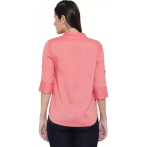 Women's Casual Three Fourth Sleeve Solid Pink Top (Color:Pink, Material:Cotton Linen Blend) - Image 2