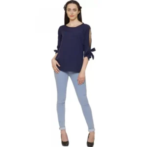Women's Casual Slit Sleeve Solid Blue Top (Color:Blue, Material:Poly Crepe) - Image 6