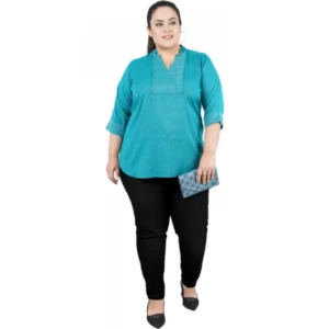 Women's Casual Three Fourth Sleeve Embroidered Light Green Top (Color:Light Blue, Material:Cotton Linen Blend) - Image 2