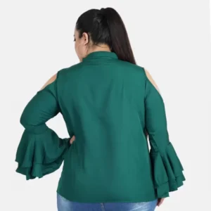 Women's Casual Bell Sleeve Solid Green Top (Color:Green, Material:Crepe) - Image 5