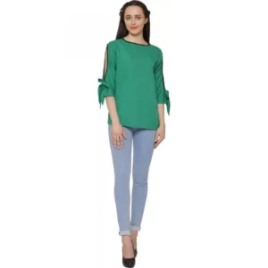 Women's Casual Slit Sleeve Solid Green Top (Color:Green, Material:Poly Crepe) - Image 5