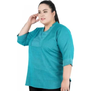 Women's Casual Three Fourth Sleeve Embroidered Light Green Top (Color:Light Blue, Material:Cotton Linen Blend) - Image 4