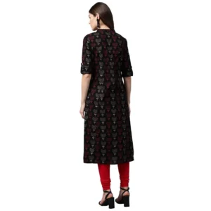 Women's Cotton Printed A Line Kurti (Black, Cotton) - Image 2