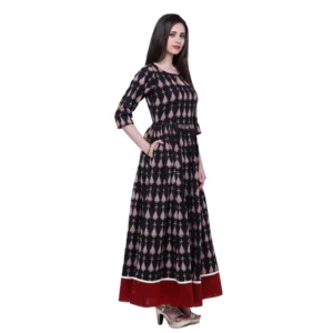 Women's Cotton Printed Anarkali Kurti (Black, Cotton) - Image 3