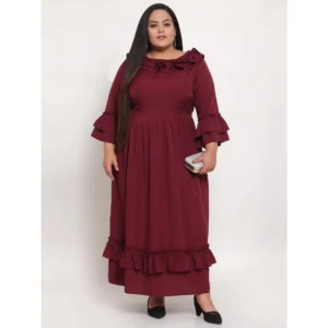 Women's Crepe Solid Full Length Fit and Flare Dress (Maroon) - Image 3