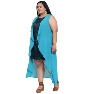 Women's Georgette Solid Knee Length Fit and Flare Dress (Blue) - Image 6