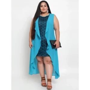 Women's Georgette Solid Knee Length Fit and Flare Dress (Blue) - Image 3