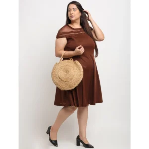 Women's Hojri Solid Knee Length Fit and Flare Dress (Brown) - Image 3