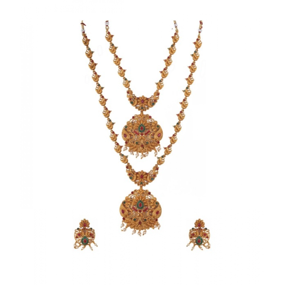 Women's Elegent And Modern Double Line Temple Jewellery Set (Red And Green, Free Size)