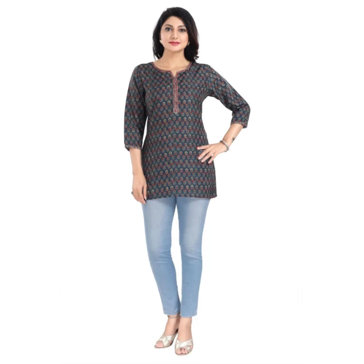 Women's 3/4th Sleeve Viscose Blend Tunic Short Top (Blue)