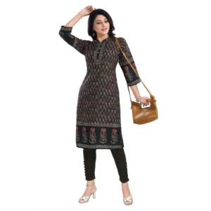 Women's 3/4th Sleeve Cotton Blend Tunic Long Kurti (Black) - Image 4
