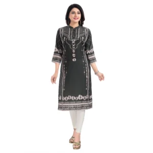 Women's 3/4th Sleeve Masleen Tunic Long Kurti (Olive Green) - Image 2