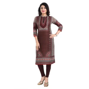 Women's 3/4th Sleeve Masleen Tunic Long Kurti (Brown) - Image 3