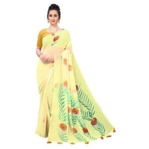Women's Georgette Floral Hand Printed Sarees (Yellow, 5-6 Mtrs) - Image 2