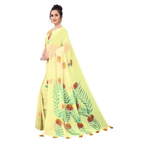 Women's Georgette Floral Hand Printed Sarees (Yellow, 5-6 Mtrs) - Image 3