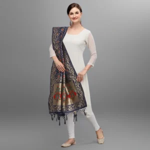 Women's Silk Pure Zari weaving Duppatta (Navy Blue, Length: 2-2.3 Mtrs) - Image 3