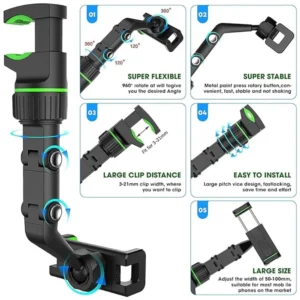Universal Clip Cell Phone Holder Multi-Joint Flexible Adjustment For Car Rear View Mirror Back Seat Video Stand (Black) - Image 3