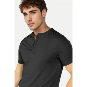 Men's Casual Half sleeve Solid Cotton Henley Neck T-shirt (Black) - Image 3