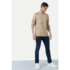 Men's Casual Half sleeve Solid Polyester Crew Neck T-shirt (Beige) - Image 3