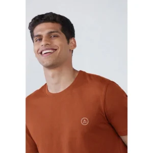 Men's Casual Half sleeve Solid Polyester Crew Neck T-shirt (Rust) - Image 3