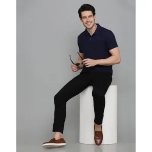 Men's Casual Half Sleeve Solid Cotton Blended Polo Neck T-shirt (Navy Blue) - Image 2