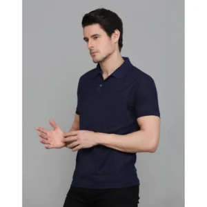 Men's Casual Half Sleeve Solid Cotton Blended Polo Neck T-shirt (Navy Blue) - Image 4