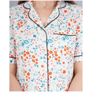Women's Casual Half Sleeve Printed Viscose Rayon Shirt With Pyjama Pant Night Suit Set (White) - Image 3