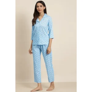 Women's Casual 3/4 th Sleeve Floral Printed Rayon Shirt With Pyjama Pant Night Suit Set (Blue) - Image 5