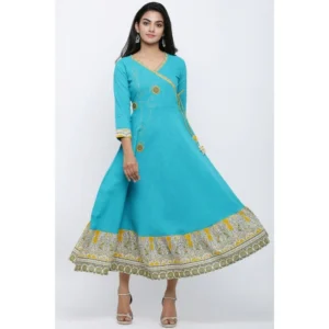 Women's Casual 3/4 th Sleeve Embroidery Cotton Blend Kurti (Torque Green) - Image 3