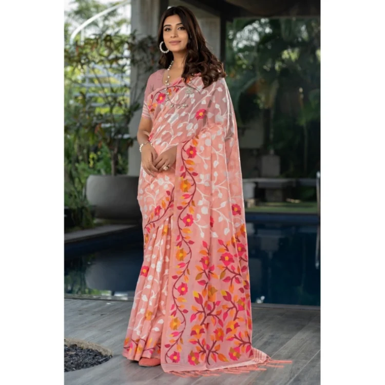  Women's Cotton Printed Saree With Unstitched Blouse (Peach, 5-6 Mtrs)
