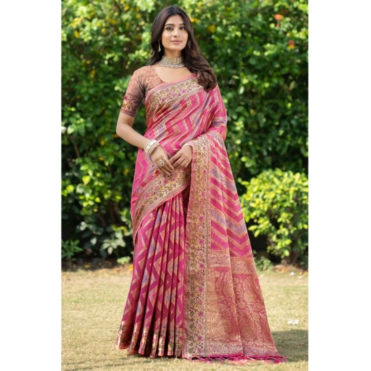  Women's Organza Printed Saree With Unstitched Blouse (Pink, 5-6 Mtrs)