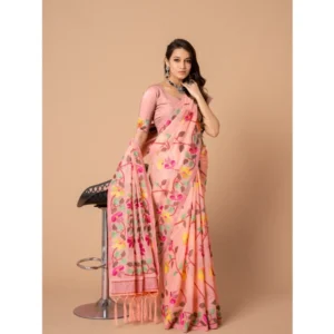  Women's Cotton Printed Saree With Unstitched Blouse (Pink, 5-6 Mtrs) - Image 4