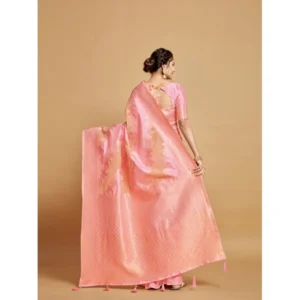  Women's Linen Printed Saree With Unstitched Blouse (Pink, 5-6 Mtrs) - Image 3