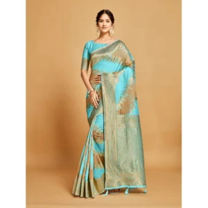  Women's Linen Printed Saree With Unstitched Blouse (Sky Blue, 5-6 Mtrs) - Image 2