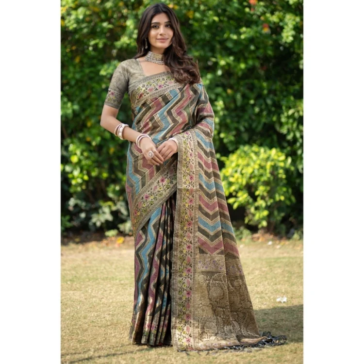  Women's Organza Printed Saree With Unstitched Blouse (Grey, 5-6 Mtrs)