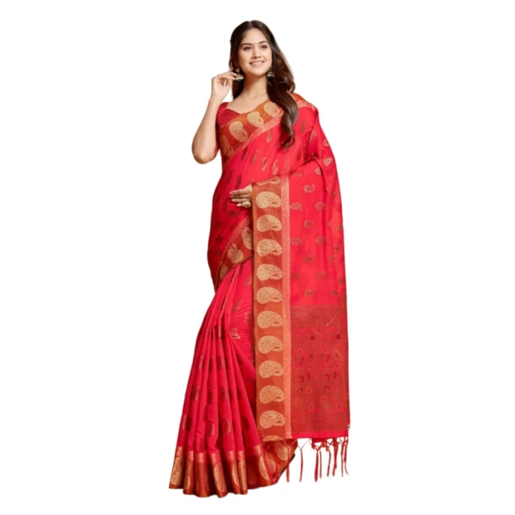  Women's Chanderi Cotton Printed Saree With Unstitched Blouse (Pink, 5-6 Mtrs)