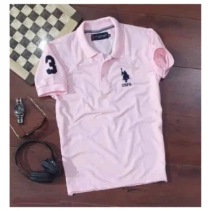 Men's Casual Half sleeve Solid Cotton Polo Neck T-shirt (Pink) - Image 3