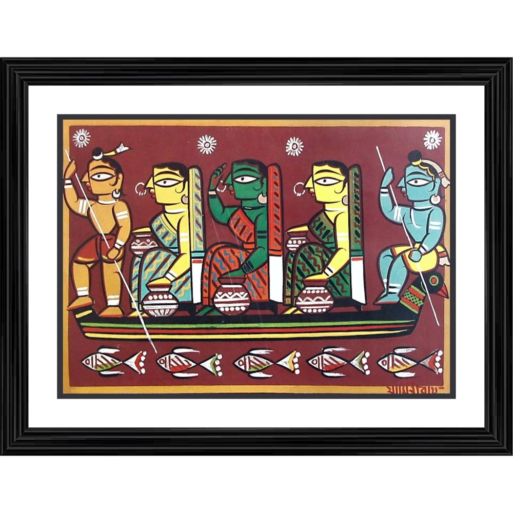 Krishna sailing with Gopika Painting With Wood Photo Frame (Multicolor)