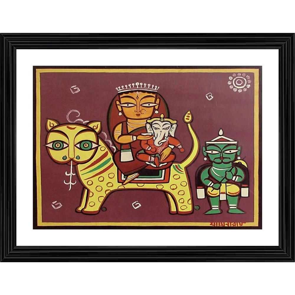 Parvati Ganesh on Vaahan Painting With Wood Photo Frame (Multicolor)