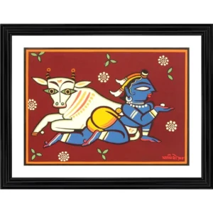 Bal Krishna and Cow Painting With Wood Photo Frame (Multicolor) - Image 2