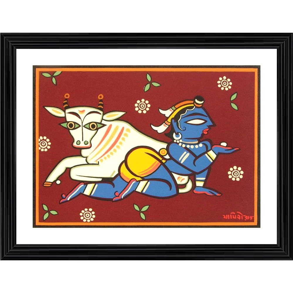 Bal Krishna and Cow Painting With Wood Photo Frame (Multicolor)