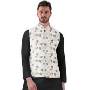 Men's Jacquard Printed Full Sleeve Waistcoat (Beige) - Image 5