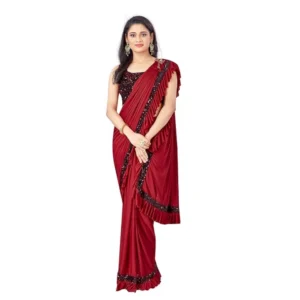 Women's Lycra Solid Saree With Unstitched Blouse (Red, 5.5 Mtr) - Image 4