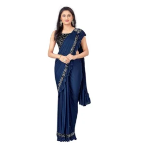 Women's Lycra Solid Saree With Unstitched Blouse (Nay Blue, 5.5 Mtr) - Image 5