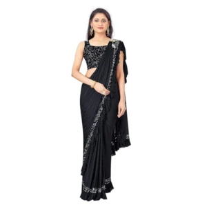 Women's Lycra Solid Saree With Unstitched Blouse (Black, 5.5 Mtr) - Image 4