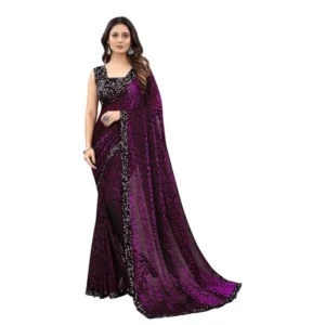 Women's Lycra Floral Saree With Unstitched Blouse (Wine, 5.5 Mtr) - Image 6