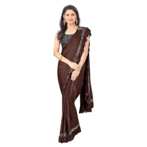 Women's Lycra Solid Saree With Unstitched Blouse (Brown, 5.5 Mtr) - Image 4