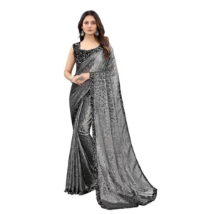 Women's Lycra Floral Saree With Unstitched Blouse (Grey, 5.5 Mtr) - Image 5
