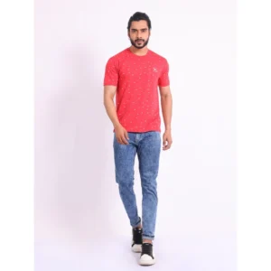 Men's Casual Cotton Printed Round Neck Half Sleeve T-Shirt (Red) - Image 7